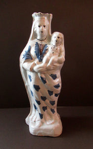 Antique French Faience Quimper Blue and White Figurine. Madonna and Child