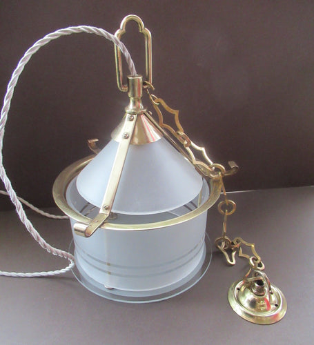 Original 1930s Art Deco White Satin Glass and Brass Pendant Shade