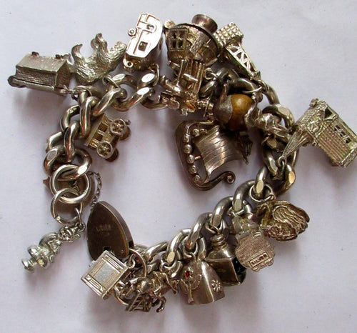 Heavy Weight. Vintage Silver Bracelet with 19 Quality Charms. Hallmarked Padlock Catch