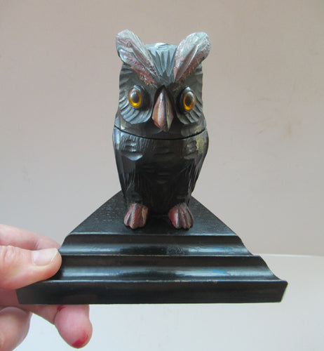 Vintage Art Deco Black Forest Wooden Owl Ink Well and Pen Holder