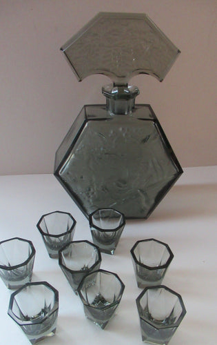 1930s Czechoslovakian  Schlevogt Bacchus Decanter  & Shot Glasses