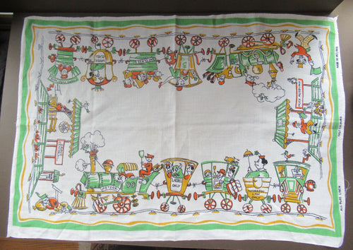 1960s Irish Linen Tea Towel or Bar Cloth Vintage Train Travel Cartoons