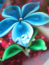 Load image into Gallery viewer, 1960s Strathearn Paperweight Lampwork Blue Flower and Faceted Panels Original Box Scottish Glass

