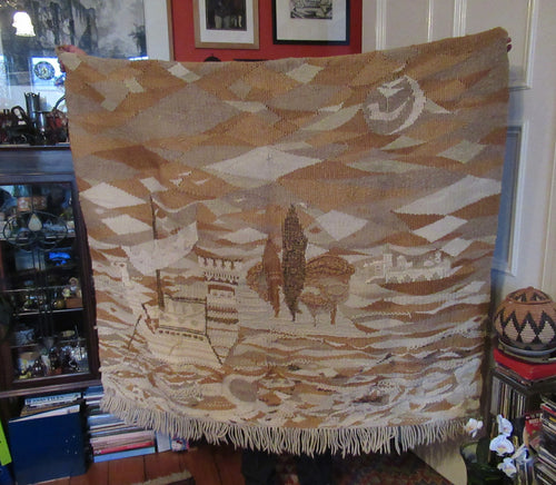 SCOTTISH ART: Vintage 1960s WOVEN TAPESTRY by Maureen Hodge. Panoramic Landscape with a Sailing Boat on the Seashore