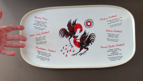 Vintage 1950s Melamine Bar Tray with Six Cocktail Recipes. Stylized Images of Two Cockerels 