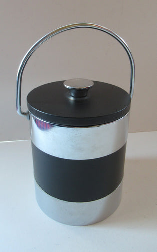 Vintage 1960s JAPANESE Silvered Metal and Black Plastic Ice Bucket with Futuristic Design 