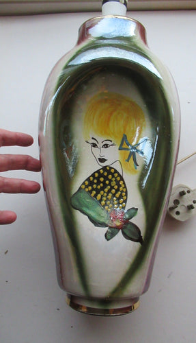 1950s Hand Painted Italian Ceramic Table Lamp. Portrait of a Glamourous Lady