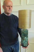 Load image into Gallery viewer, 1970s Shattaline Lamp with Green Base and Beige Spun Fibre Shade
