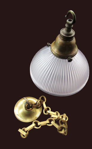 1920s GENUINE Glass Holophane Hanging Lamp Shade - complete with all original brass fittings