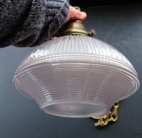 1920s GENUINE Glass Holophane Hanging Lamp Shade - complete with all original brass fittings