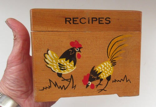 1950s Wooden Card Box for Recipes Rooster Design