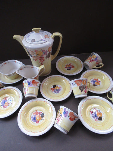 1920s Complete Mak Merry Makmerry Coffee Set. Yellow Ground with Fruit and Berries Pattern