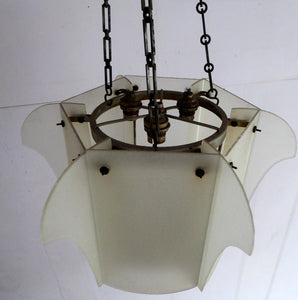 1930s Art Deco Hanging Light Shade White Frosted Glass Panels on Metal Frame