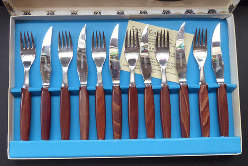 1960s Glosswood Cutlery Steak Knives and Forks with Teak Handles