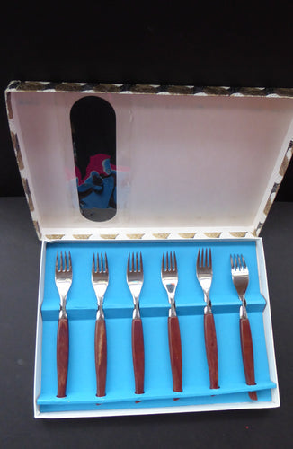 1960s British Glosswood Cutlery. Box of Six Forks