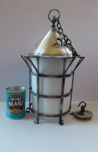 Vintage Arts and Crafts Metal and Glass Shade Pendant Hall Lantern. Early 20th Century Lamp