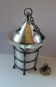 Vintage Arts and Crafts Metal and Glass Shade Pendant Hall Lantern. Early 20th Century Lamp