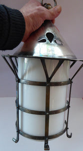 Vintage Arts and Crafts Metal and Glass Shade Pendant Hall Lantern. Early 20th Century Lamp