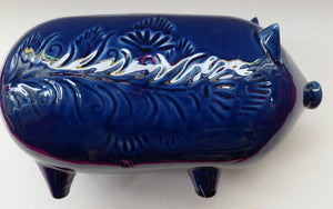 LARGE 1960s Vintage Ceramic Piggy Bank or Money Box. With Incised Floral Patterns, Shiny Blue Glaze and Original Stopper