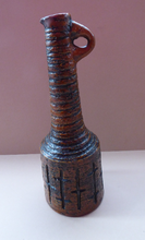 Load image into Gallery viewer, NORWEGIAN AWF (Arnold Wiigs Fabrikker) Pottery Vase with Long Neck and Finger Loop. Incised Decoration and Green Glossy Glaze Inside
