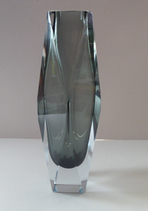 MASSIVE 12 INCHES Murano SOMMERSO Faceted Vase. Vintage 1960s in Unusual Pewter Grey Colour with Clear Casing