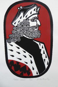 SCOTTISH ART. 1975 Original Willie Rodger Linocut on paper. Historical Figures: Malcolm Canmore. SIGNED in pencil