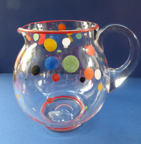 Vintage 1950s Mid Century Glass LEMONADE JUG. Good condition with original tutti frutti painted polka dot decorations 