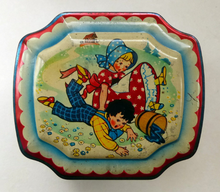 Load image into Gallery viewer, Very Sweet Vintage 1950s HORNER Nursery Tin. Jack and Jill on lid - and various other characters around the sides
