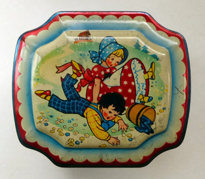 Very Sweet Vintage 1950s HORNER Nursery Tin. Jack and Jill on lid - and various other characters around the sides