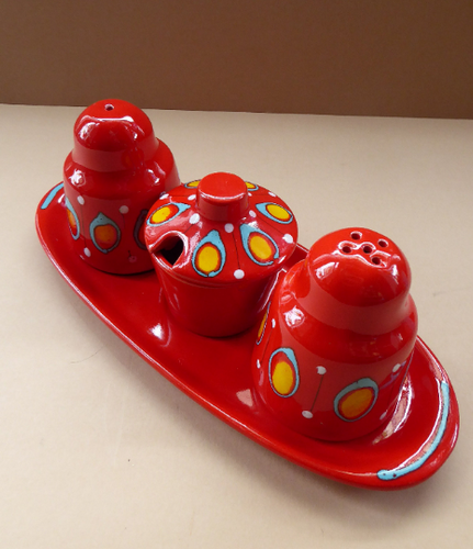 1960s BRISTOLIA, ITALY Pottery Cruet Set. Salt and Pepper Pot, Mustard Pot on Stand