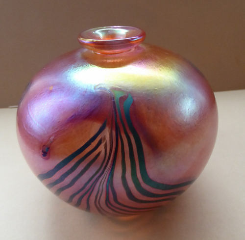 1980s John Ditchfield Unique Piece Iridescent Glass Vase with Art Nouveau Zebra Trails. Signed