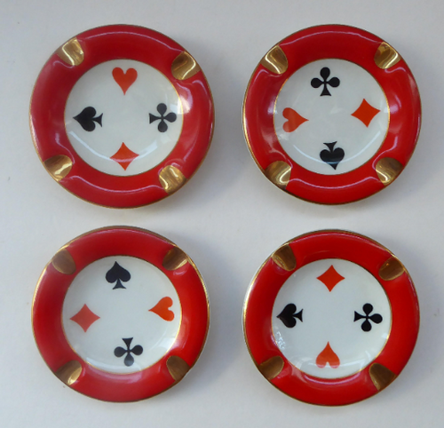 Polish CHODZIEZ Mid-Century Porcelain Ashtrays / Dishes. Four Playing Cards Design for BRIDGE