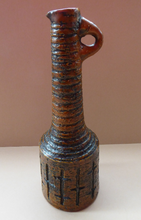 Load image into Gallery viewer, NORWEGIAN AWF (Arnold Wiigs Fabrikker) Pottery Vase with Long Neck and Finger Loop. Incised Decoration and Green Glossy Glaze Inside
