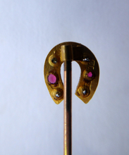 Load image into Gallery viewer, 9CT GOLD. Antique VICTORIAN Horse Shoe Stick Pin with a Fitted Case. Diamond &amp; Ruby Chips
