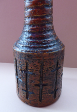 Load image into Gallery viewer, NORWEGIAN AWF (Arnold Wiigs Fabrikker) Pottery Vase with Long Neck and Finger Loop. Incised Decoration and Green Glossy Glaze Inside
