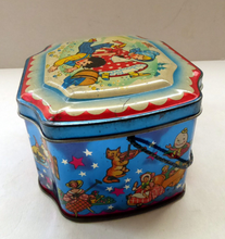 Load image into Gallery viewer, Very Sweet Vintage 1950s HORNER Nursery Tin. Jack and Jill on lid - and various other characters around the sides
