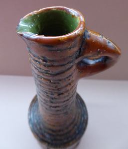 NORWEGIAN AWF (Arnold Wiigs Fabrikker) Pottery Vase with Long Neck and Finger Loop. Incised Decoration and Green Glossy Glaze Inside