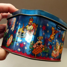 Load image into Gallery viewer, Very Sweet Vintage 1950s HORNER Nursery Tin. Jack and Jill on lid - and various other characters around the sides
