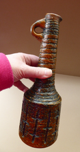 Load image into Gallery viewer, NORWEGIAN AWF (Arnold Wiigs Fabrikker) Pottery Vase with Long Neck and Finger Loop. Incised Decoration and Green Glossy Glaze Inside
