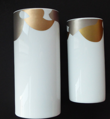 Two Vintage ROSENTHAL Studio Linie Porcelain Vases. Large and Small MATCHING PAIR with Gold and Silver Bird Abstract Design