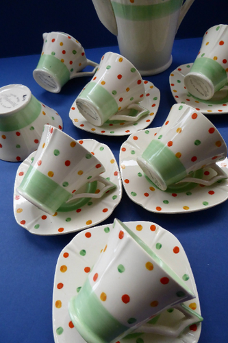 ART DECO Tams Ware Pottery Rainbow Polka Dots Complete Coffee Set. Extremely Rare