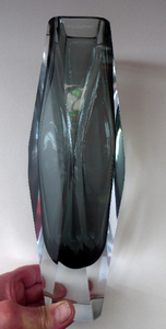 MASSIVE 12 INCHES Murano SOMMERSO Faceted Vase. Vintage 1960s in Unusual Pewter Grey Colour with Clear Casing