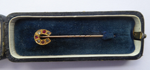 Load image into Gallery viewer, 9CT GOLD. Antique VICTORIAN Horse Shoe Stick Pin with a Fitted Case. Diamond &amp; Ruby Chips
