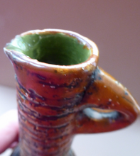 Load image into Gallery viewer, NORWEGIAN AWF (Arnold Wiigs Fabrikker) Pottery Vase with Long Neck and Finger Loop. Incised Decoration and Green Glossy Glaze Inside
