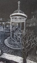 Load image into Gallery viewer, Scottish Art 1940s Woodcut by Kenneth Roberts Wartime Park Scene
