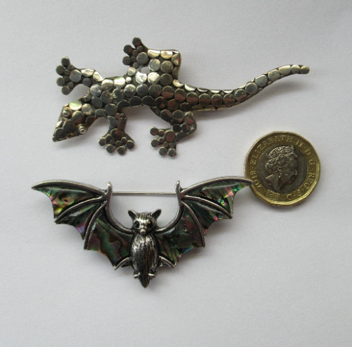 Silver Lizard Brooch.  White Metal Bat Brooch