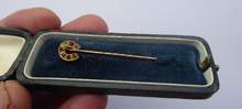 Load image into Gallery viewer, 9CT GOLD. Antique VICTORIAN Horse Shoe Stick Pin with a Fitted Case. Diamond &amp; Ruby Chips
