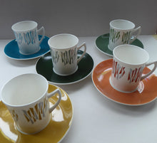 Load image into Gallery viewer, Five 1970s Harlequin Colours ELIZABETHAN KON-TIKI Vintage Cups and Saucers
