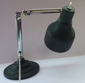 1950s Desk Lamp with Movable Chrome Arm Fittings and Black Textured Metal Shade. HEAVY Circular Stepped Base