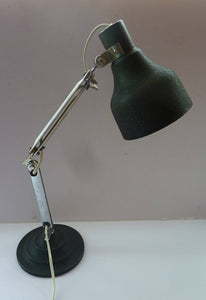 1950s Desk Lamp with Movable Chrome Arm Fittings and Black Textured Metal Shade. HEAVY Circular Stepped Base